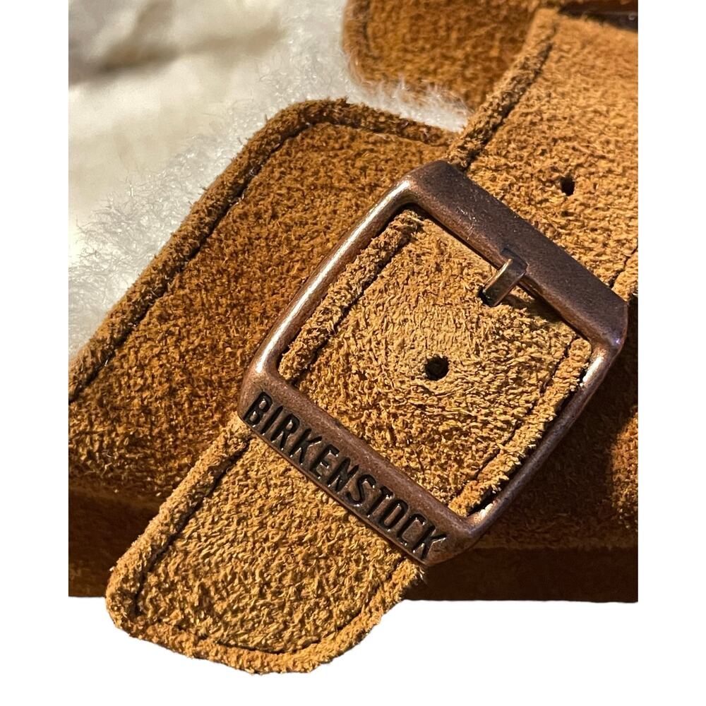 Birkenstock Suede Clog Sandals in Cognac Brown with Cream Shearling - Picture 3 of 11